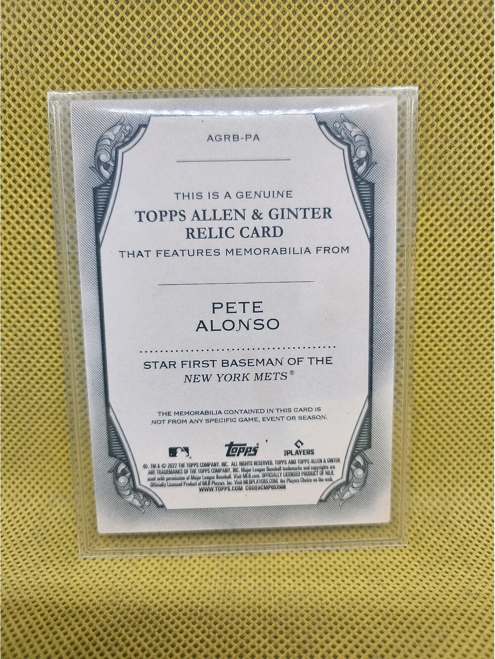 Pete Alonso 2022 Topps Allen & Ginter #AGRBPA Game Used Jersey Patch ~ Mets